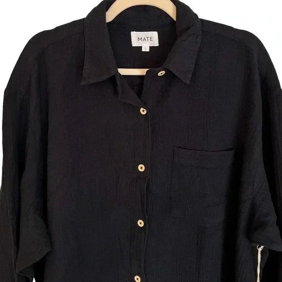 MATE The Label 100% Organic Cotton Gauze Button Down Shirt BLACK SZ XL NWT - Picture 3 of 5